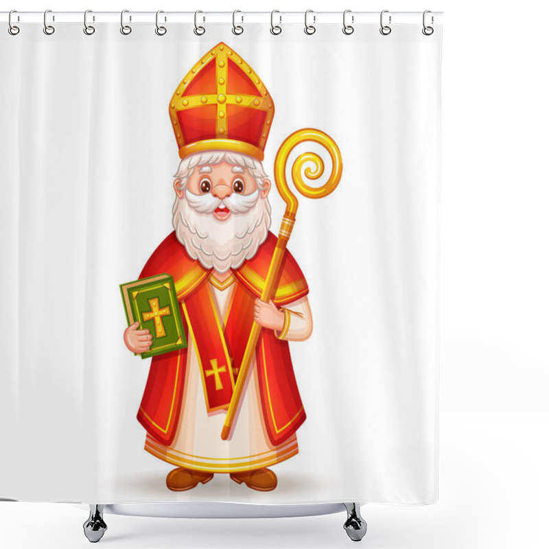 Personality  Cute Saint Nicholas Or Sinterklaas Character, Happy St Nicolas Winter Holiday Day. Funny Christmas Christian Santa Person Give Gift Children. Old Man With Beard In Religion Costume, Mitre Hat Hold Book, Stick. Celebrate Greeting Card. Cartoon Vector  Shower Curtains