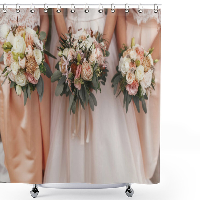 Personality  Gorgeous Bride And Beautiful Bridesmaids Holding Stylish Wedding Bouquets On Background Of Modern  Dresses. Wedding Decorations Shower Curtains