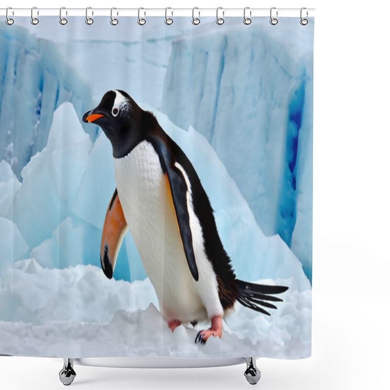 Personality  Penguins. Penguins On The Iceberg Behind The Snow Bank. In Antarctica. Penguin Awareness Day. January 20. 2024. Shower Curtains