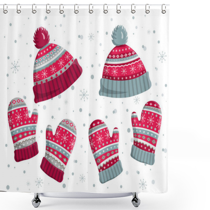 Personality  Set Of Warm Knitted Hats And Mittens. Cute Winter Accessories Cap And Gloves Isolated On White Background. Vintage Pattern Wear Design. Christmas Flat Vector Illustration.  Shower Curtains