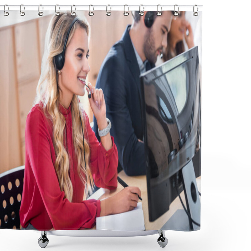 Personality  Selective Focus Of Smiling Call Center Operator Working In Office Shower Curtains