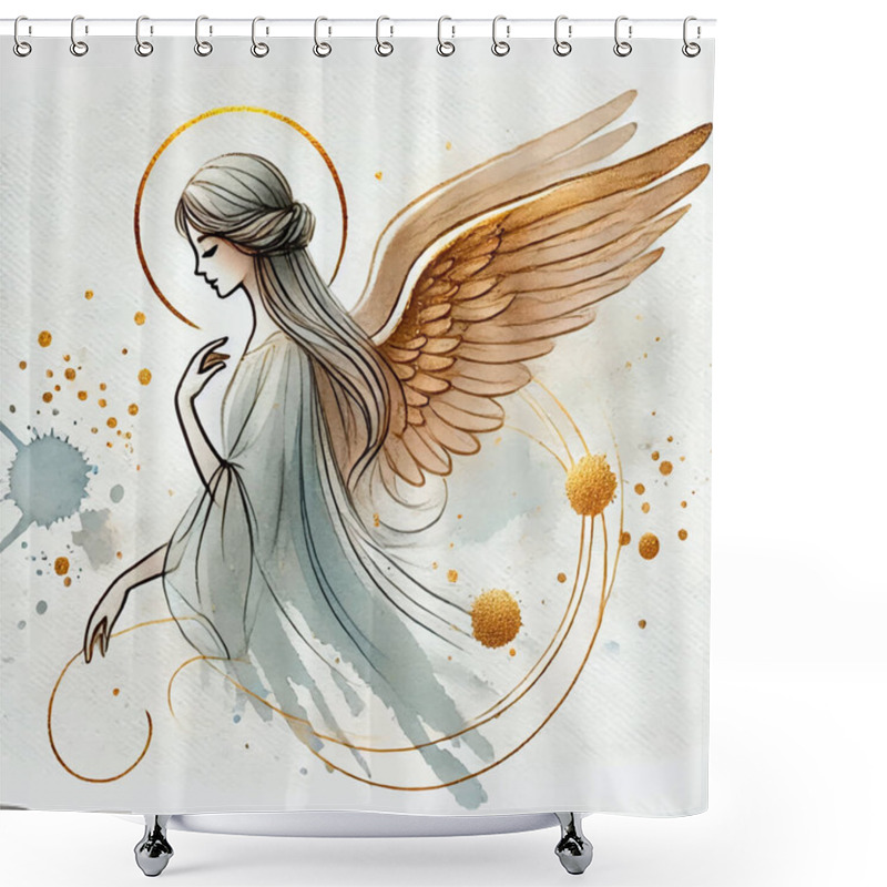 Personality  Watercolor Drawing Pattern Illustration Of A Beautiful Angel With Golden Wings, Long Hairs And A Halo. White Dirty Vector Background With Splashes, Splatters, Spots, Golden Glittery Doodle Lines. Shower Curtains