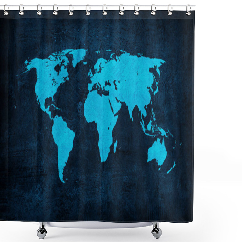 Personality  World Map On Blue Grunge Cement Plaster Background Shower Curtains