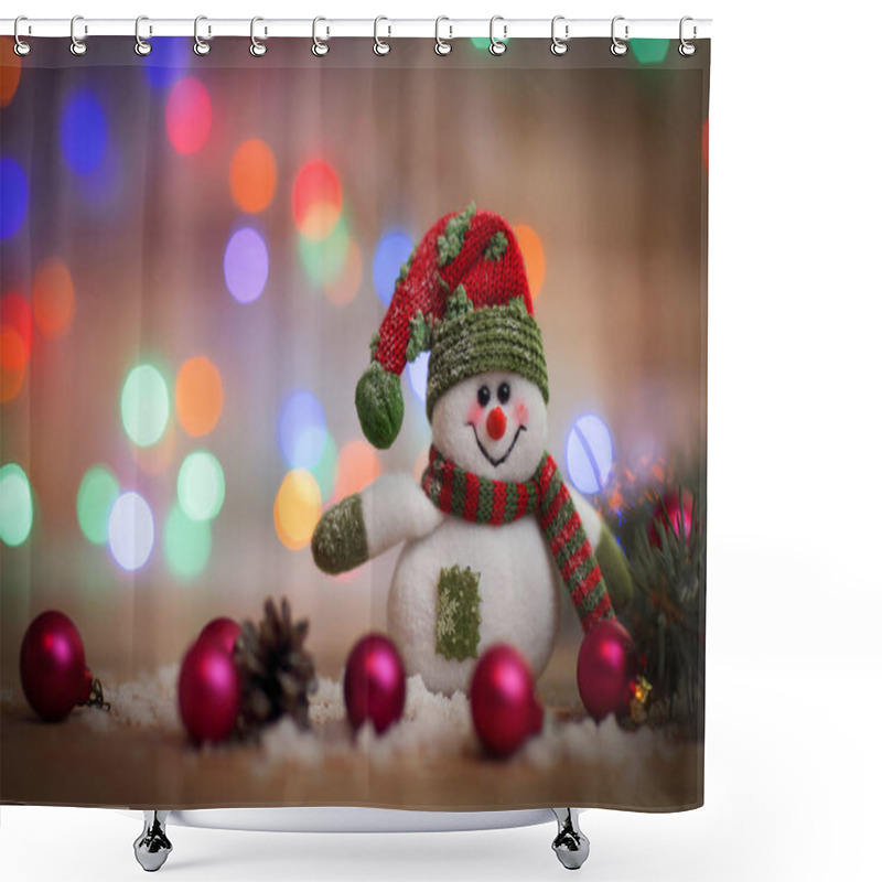 Personality  Christmas Card. Toy Snowman On Christmas Background. Shower Curtains