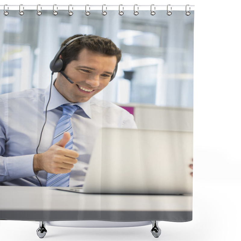 Personality  Businessman With Headset Working On Laptop Shower Curtains