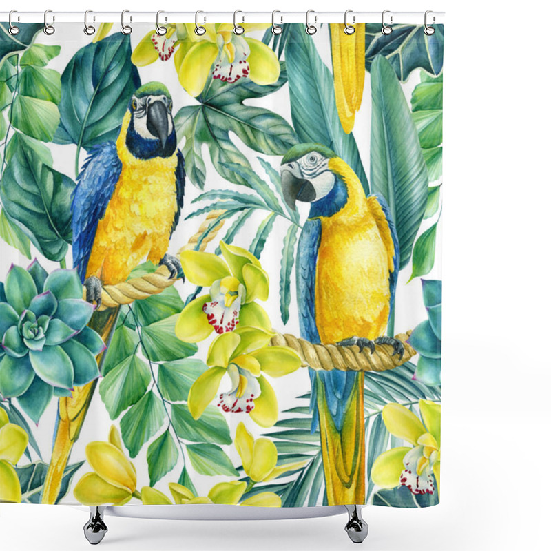 Personality  Seamless Pattern Of Tropical Leaves, Orchid Flowers And Macaw Parrots, Jungle Background, Watercolor Painting Shower Curtains