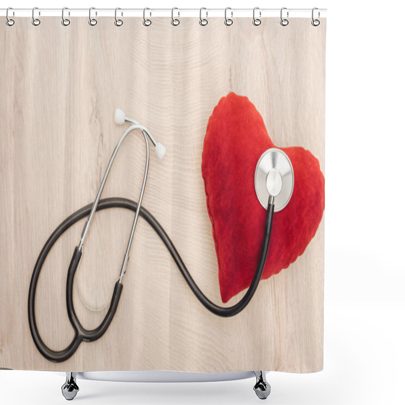 Personality  Top View Of Stethoscope And Toy Heart On Wooden Background  Shower Curtains