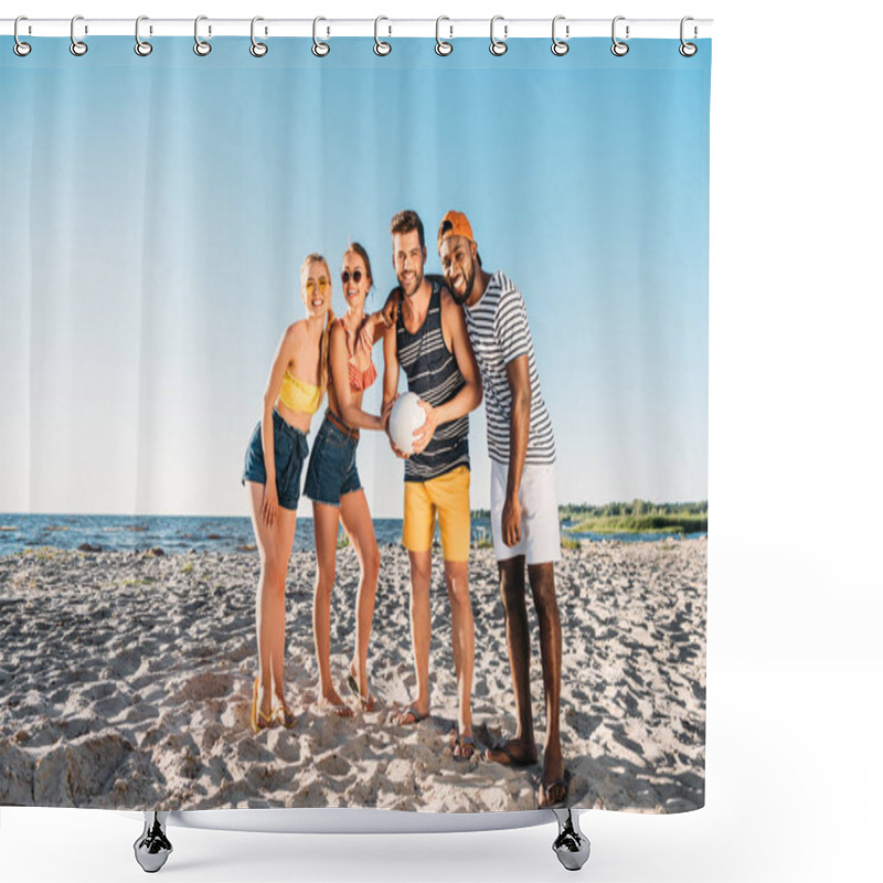 Personality  Happy Young Multiethnic Friends Holding Ball And Smiling At Camera On Beach  Shower Curtains