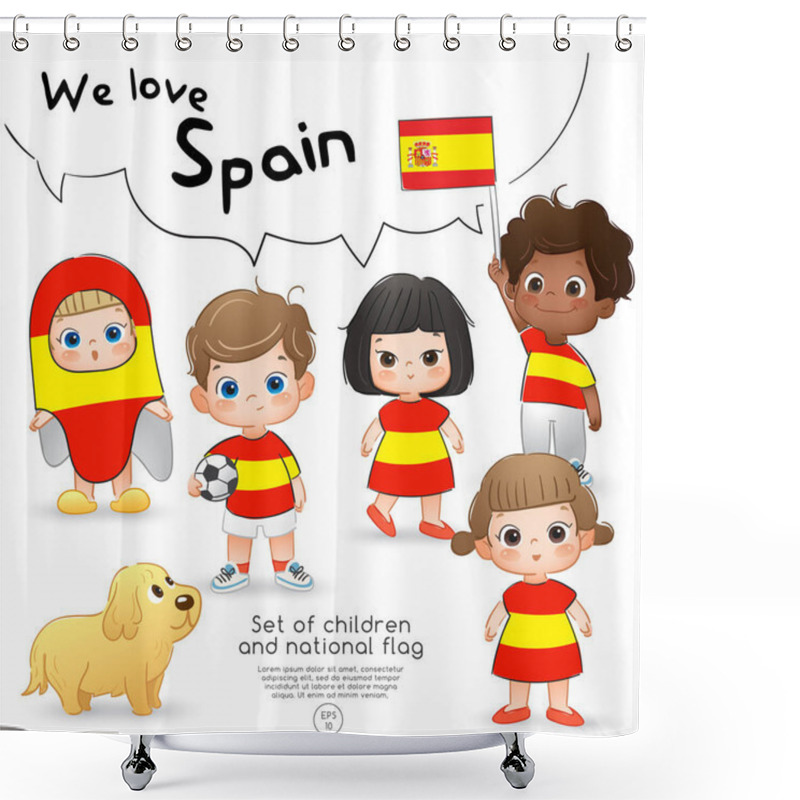 Personality  Spain : Boys And Girls Holding Flag And Wearing Shirts With National Flag Print : Vector Illustration Shower Curtains