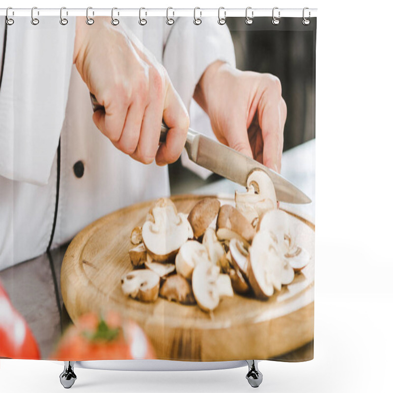 Personality  Partial View Of Female Chef Cutting Mushrooms In Restaurant Kitchen Shower Curtains