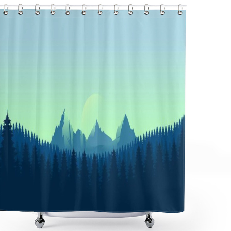 Personality  Blue Mountain Landscape Wallpaper In A Minimalist Flat Design Style Shower Curtains