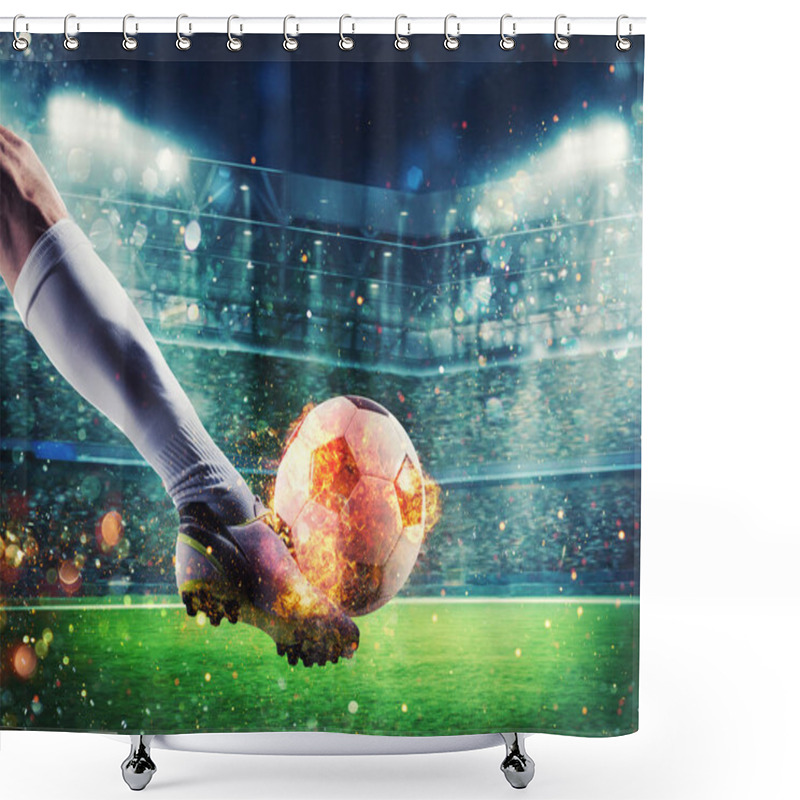 Personality  Soccer Player With Soccerball On Fire At The Stadium During The Match Shower Curtains