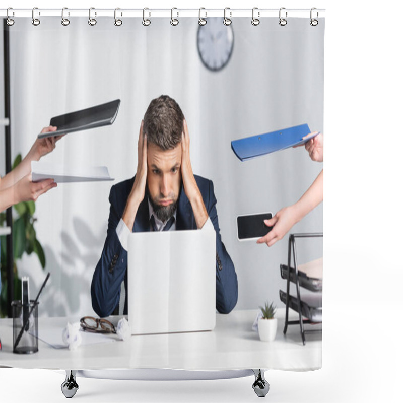 Personality  Exhausted Businessman Touching Head Near Colleagues With Paper Folders And Smartphone In Office  Shower Curtains