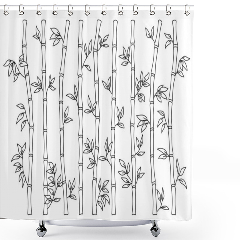 Personality  Bamboo Stem And Leaf Outline Border Set. Exotic Decoration Elements Fresh Natural Plant Linear Sketch Style. Hand Drawing Painted Asian Traditional Tree Leaves, Sticks Bamboo Botanical Collection Shower Curtains