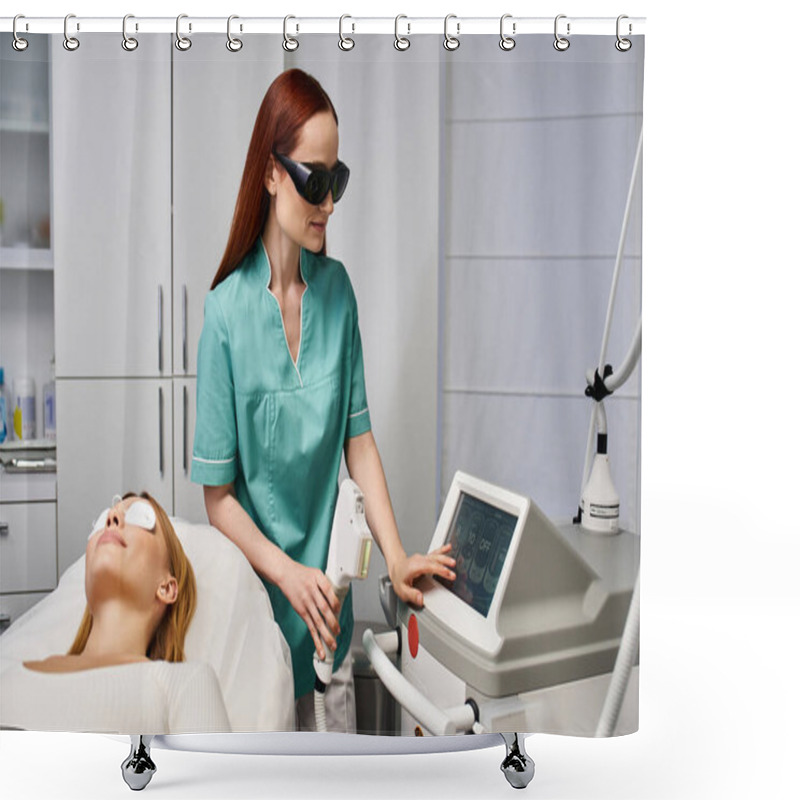 Personality  A Skilled Dermatology Professional Delivers A Skin Treatment While The Client Relaxes Comfortably. Shower Curtains