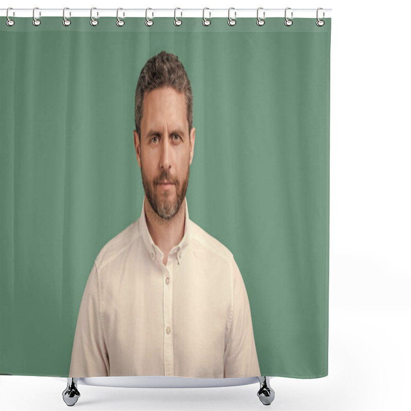 Personality  Business Executive Isolated On Blue Background. Caucasian Business Executive In Studio. Photo Of Business Executive In Shirt. Business Executive Portrait. Shower Curtains