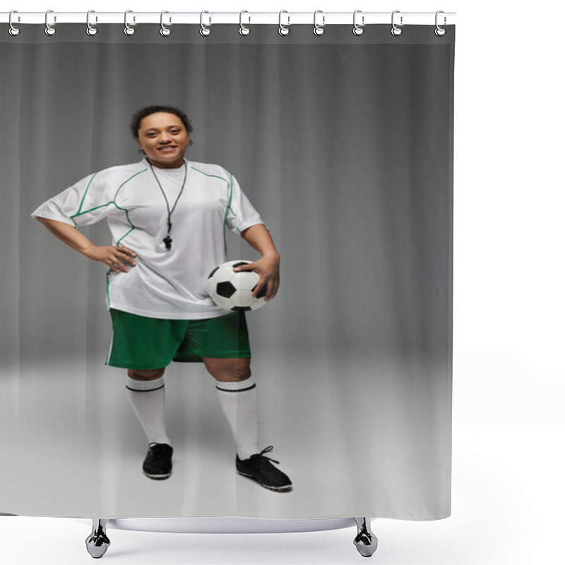 Personality  A Woman In A Referee Uniform Stands Confidently, Holding A Soccer Ball. Shower Curtains