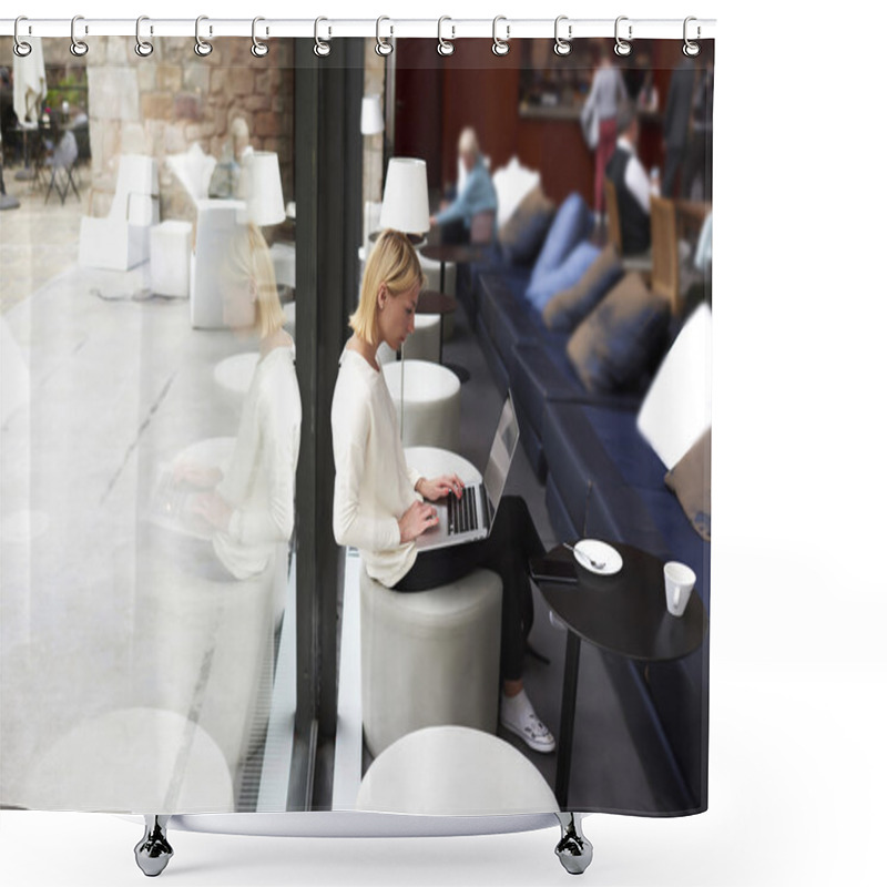 Personality  Woman Working On Net-book While Sitting In Cafe Shower Curtains