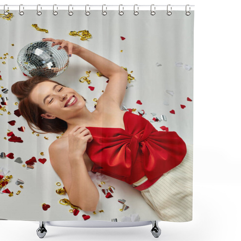 Personality  New Year Party, Young Cheerful Woman With Disco Ball Lying On Floor Near Confetti On Grey Backdrop Shower Curtains