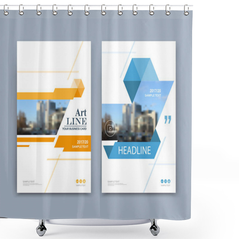 Personality  Abstract A4 Brochure Cover Design. Info Banner Text Frame. Urban City View Font. Title Sheet Model Set. Modern Vector Front Page. Brand Logo Texture. Orange, Blue Triangle Image Icon. Ad Flyer Fiber Shower Curtains