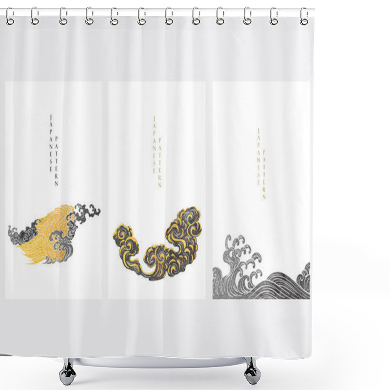 Personality  Japanese Background With Gold And Black Texture Painting Texture Vector. Oriental Natural Wave Pattern With Ocean Wave Decoration Banner Design In Vintage Style. Shower Curtains