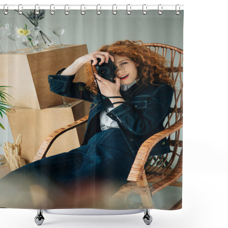 Personality  Stylish Redhead Woman In Wicker Chair Taking Photo With Film Camera On Grey Shower Curtains