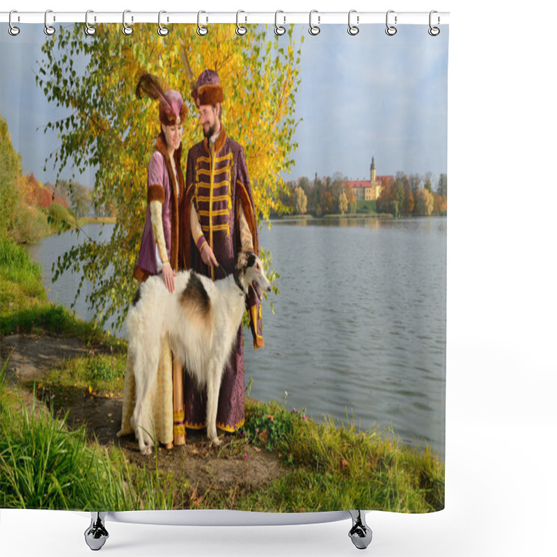 Personality  Couple In Medieval Costumes With Borzoi Dog Shower Curtains