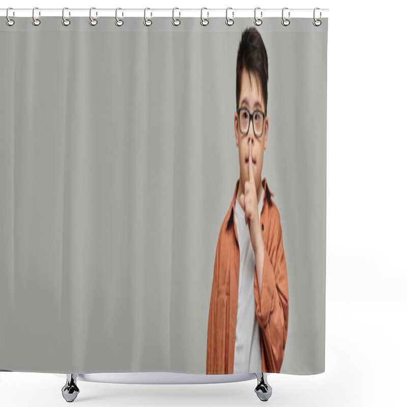 Personality  Little Boy With Down Syndrome With Glasses Holds Finger To Lips. Shower Curtains