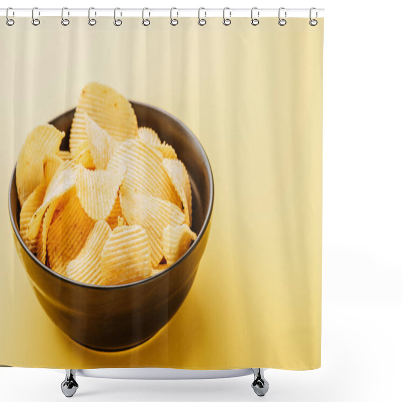 Personality  Delicious Crispy Potato Chips In Bowl On Yellow Background Shower Curtains