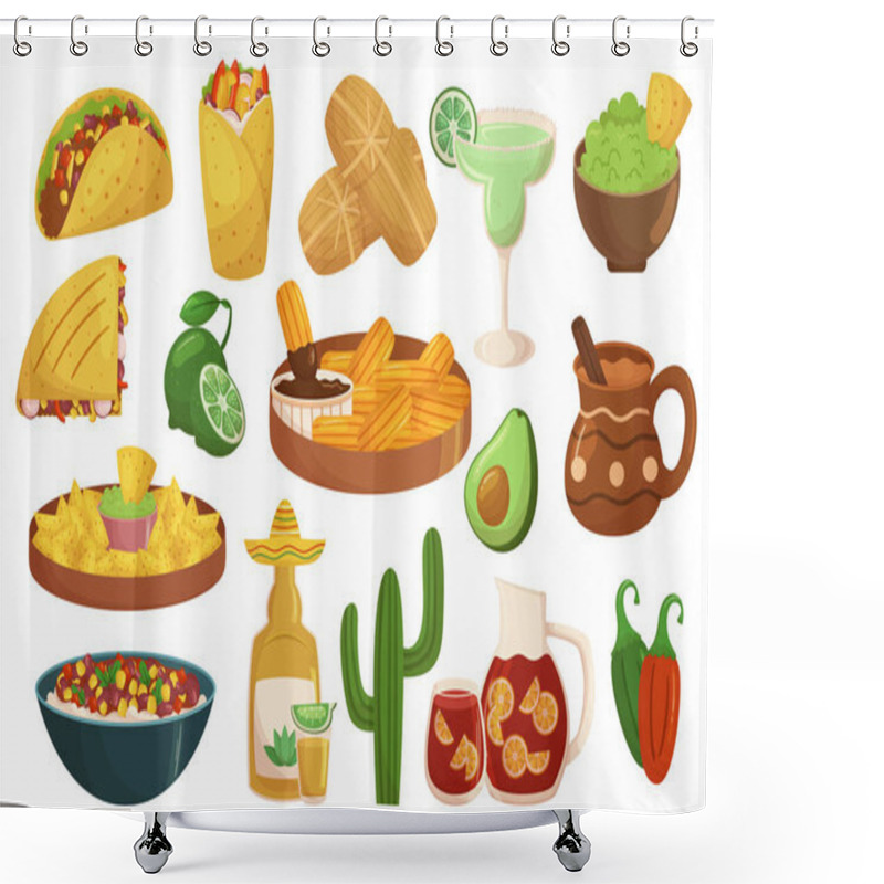 Personality  Set Of Mexican Meals And Drinks. Jalapeno Peppers, Beans, Tacos, Enchiladas, Tamales, Guacamole, Salsa, And Churros. Tequila, Lime And Avocado, Various Spices And Herbs. Cartoon Vector Illustration Shower Curtains