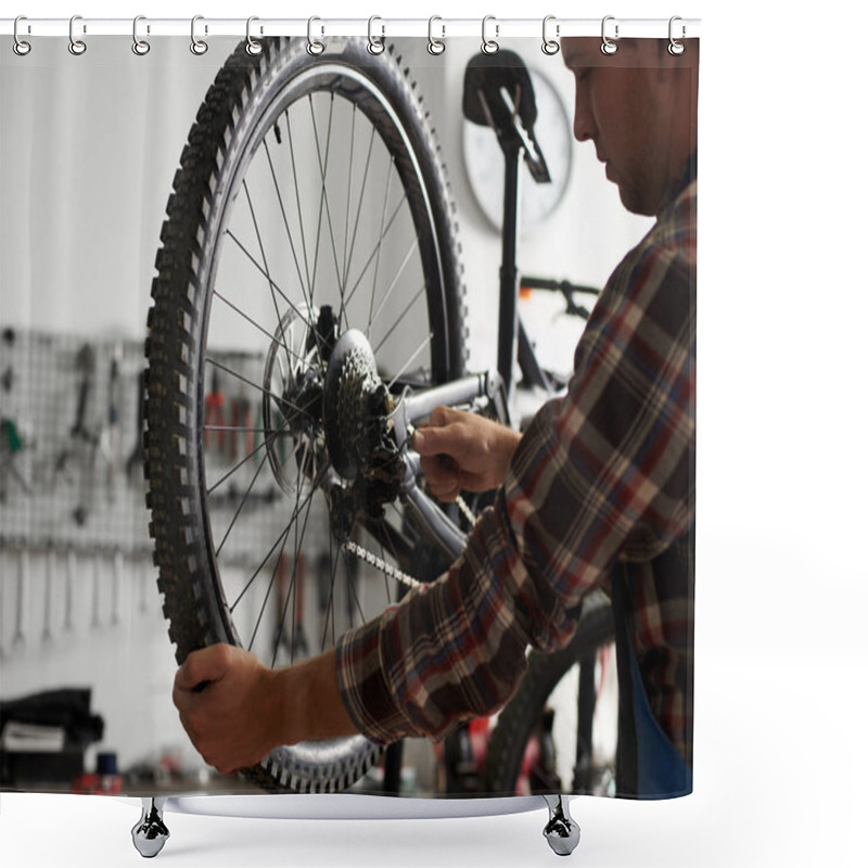 Personality  Male Mechanic Working In Bicycle Repair Shop, Repairman Fixing Bike Using Special Tool, Wearing Protective Work Wear Shower Curtains