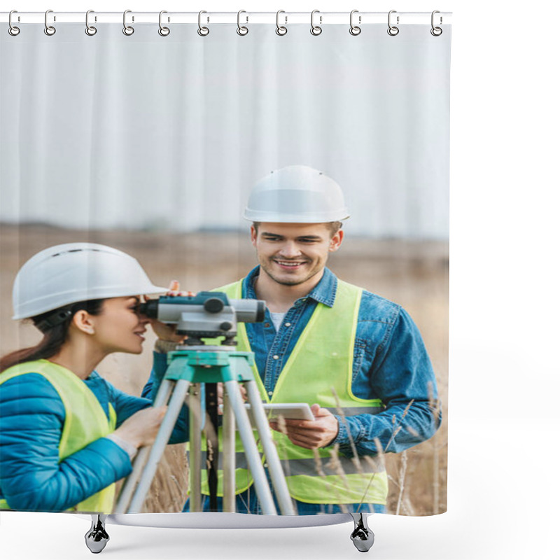 Personality  Smiling Surveyors Working With Digital Level And Tablet In Field Shower Curtains