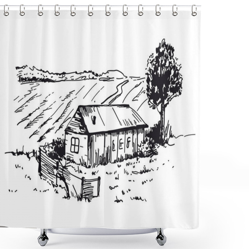 Personality  Village House On White Background. Vector Sketches Shower Curtains