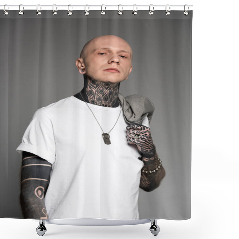 Personality  Confident Tattooed Man In White T-shirt Holding Suit Jacket On Shoulder And Looking At Camera Isolated On Grey Shower Curtains