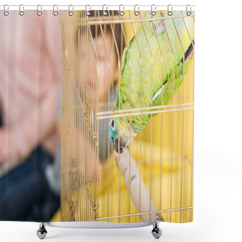 Personality  Selective Focus Of Funny Green Parrot Hanging Head Down In Bird Cage Shower Curtains