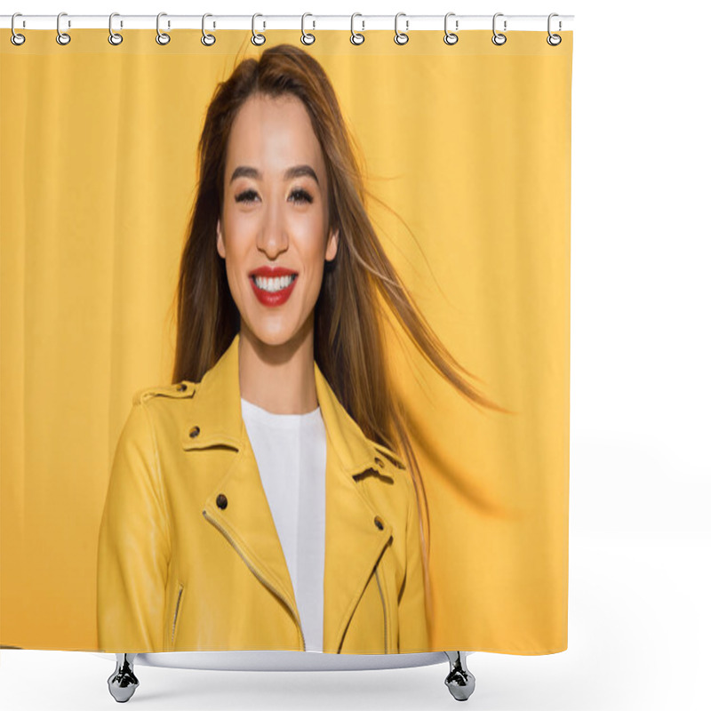 Personality  Smiling Asian Female Model Posing On Yellow Background  Shower Curtains