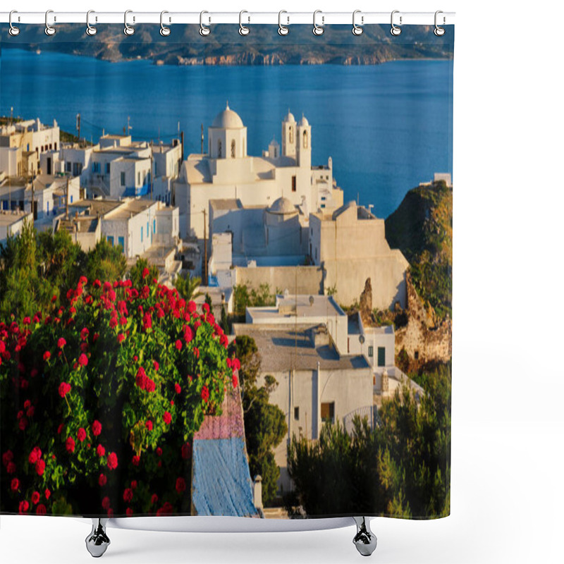 Personality  Picturesque Scenic View Of Greek Town Plaka On Milos Island Over Red Geranium Flowers Shower Curtains