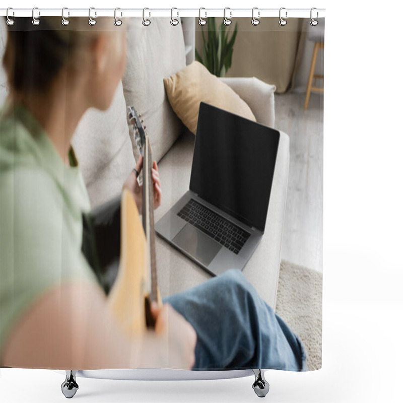 Personality  Blurred Young Woman Holding Acoustic Guitar And Learning How To Play While Looking Video Tutorial On Laptop With Blank Screen And Sitting On Comfortable Couch In Living Room Shower Curtains