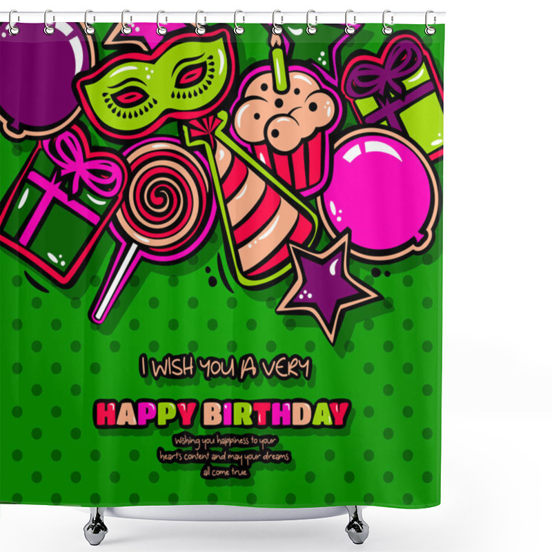 Personality  Birthday Card With Items, Balloon, Cake, Hat, Star, Lollipop, Masquerade And Gift On Dotted Background. Vector Shower Curtains