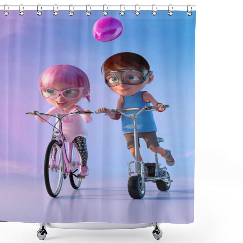 Personality  Little Friends Playing And Having Fun Together. Cute Cheerful Smiling Cartoon Girl Riding On The Bicycle And Boy Riding On Scooter. Happy Childhood And Friendship Concept. 3D Render Shower Curtains