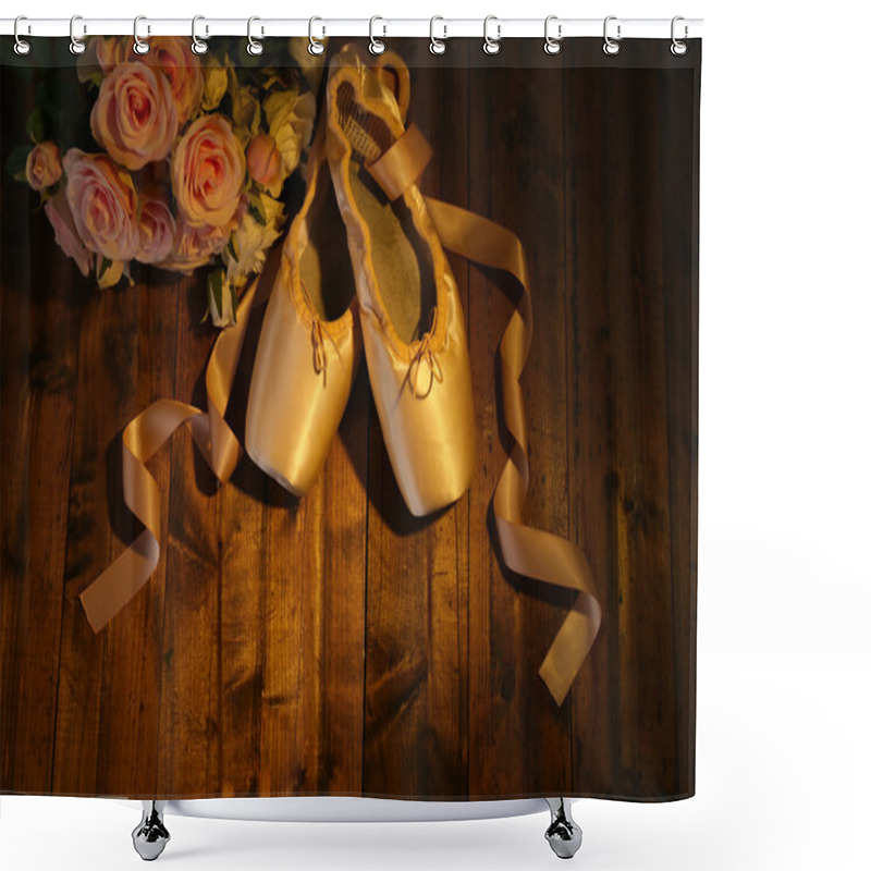 Personality  Ballet Pointe Shoes On Wooden Background Shower Curtains