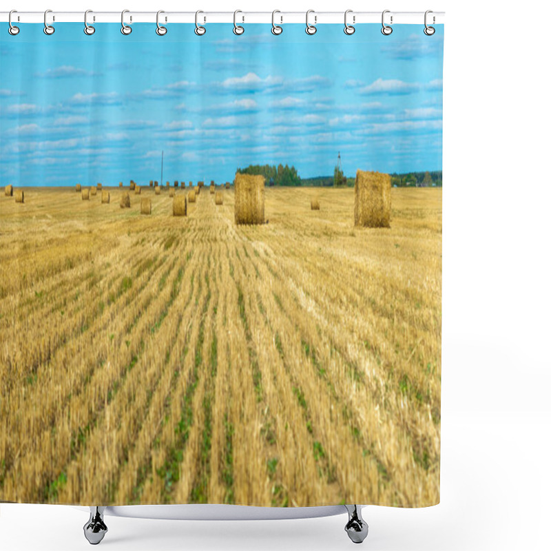 Personality  Hay Bales On The Agricultural Field After Harvest Sunny Summer Day, Cultivated Field, Horizontal Shower Curtains