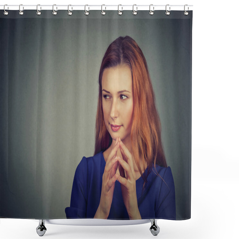 Personality  Sneaky, Sly, Scheming Young Woman Plotting Something  Shower Curtains