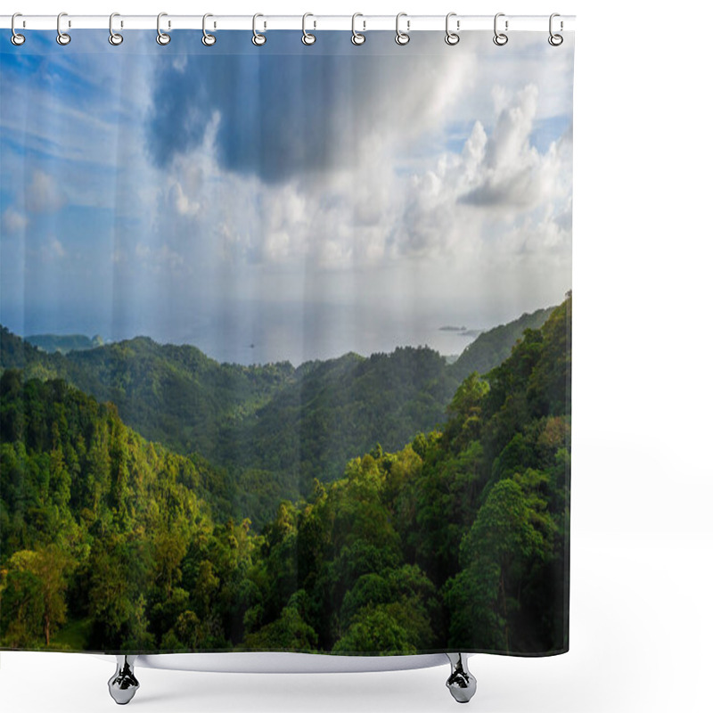 Personality  Beautiful Panorama Of The Tropical Island Forest. Huge Hills Covered In Trees At Sunset. Shower Curtains