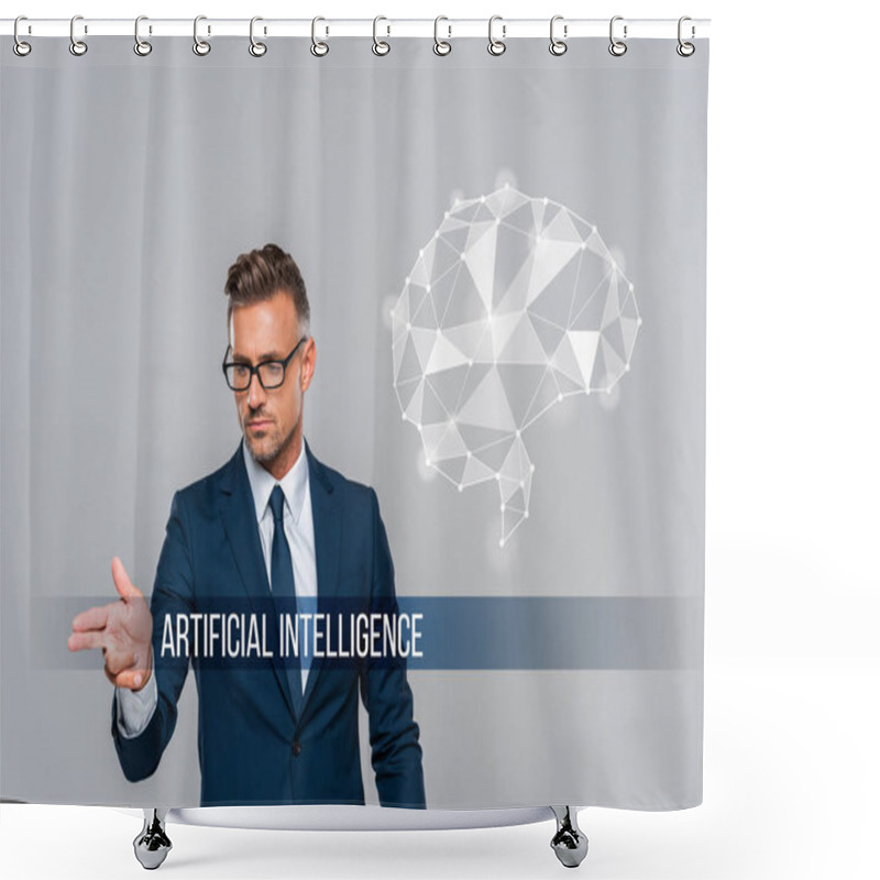 Personality  Handsome Businessman In Glasses Pointing On Something Artificial Intelligence Lettering Shower Curtains