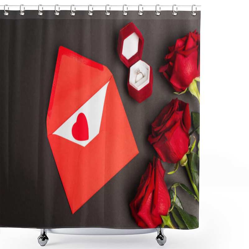 Personality  Top View Of Red Roses Near Envelope And Engagement Ring On Black Shower Curtains