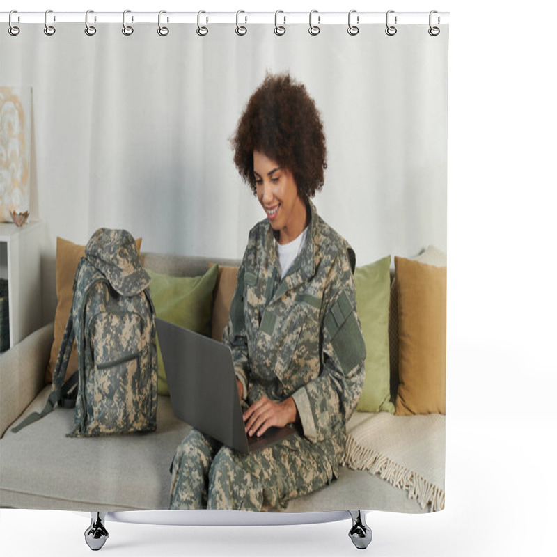 Personality  A Young African American Military Woman In Camouflage Engages With Her Laptop In A Cozy Living Space. Shower Curtains