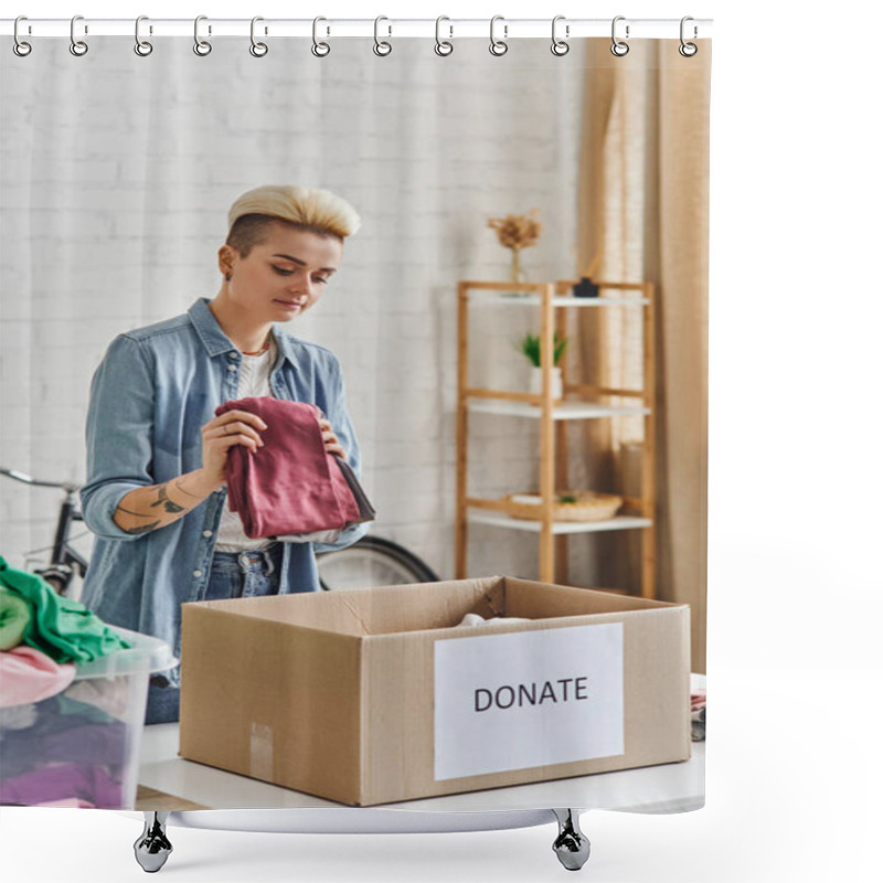 Personality  Donating For A Cause, Tattooed Woman With Trendy Hairstyle Holding Clothes Near Carton Box With Donate Lettering In Modern Living Room, Sustainable Living And Social Responsibility Concept Shower Curtains