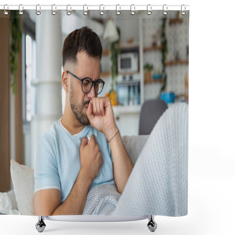 Personality  Sick Man Holding His Chest In Pain While Coughing In The Living Room. Sore Throat And Cough, Man With Lung Pain At Home, Health Problems Concept Shower Curtains