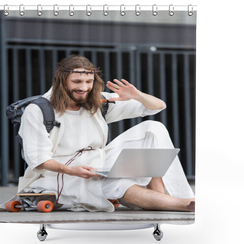 Personality  Smiling Jesus In Robe And Crown Of Thorns Sitting On Skateboard And Waving Hand During Video Call Shower Curtains